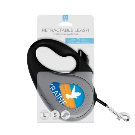 Повідець-рулетка для собак WAUDOG R-leash, малюнок "Прапор", L, до 50 кг, 5 м, світловідбиваюча стрічка чорний