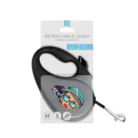 Поводок-рулетка для собак WAUDOG R-leash, рисунок Космос. Ракетостроение, светоотражающая лента, M, до 25 кг, 5 м черный