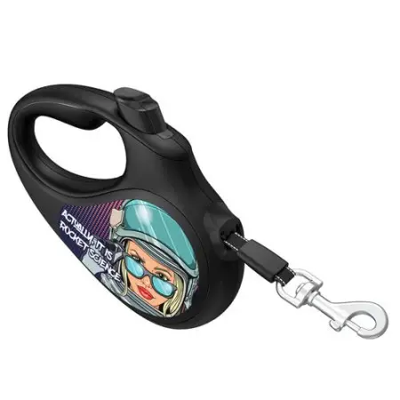 Поводок-рулетка для собак WAUDOG R-leash, рисунок Космос. Ракетостроение, светоотражающая лента, XS, до 12 кг, 3 м черный