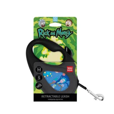 Повідець-рулетка для собак WAUDOG R-leash, малюнок "Рік та Морті 3", M, до 25 кг, 5 м, світловідбиваюча стрічка чорний