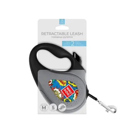 Поводок-рулетка для собак WAUDOG R-leash, рисунок ВАУ, M, до 25 кг, 5 м, светоотражающая лента черный