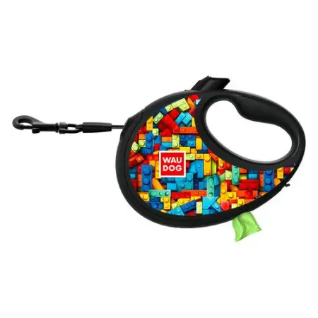Повідець-рулетка для собак WAUDOG R-leash з контейнером для пакетів, малюнок "Блоки", світловідбивна стрічка, M, до 20 кг, 5 м