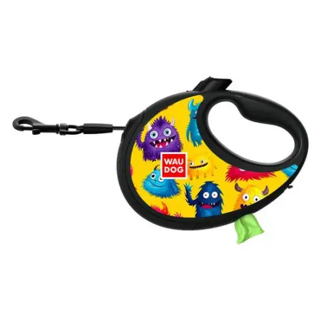 Поводок-рулетка для собак WAUDOG R-leash с контейнером для пакетов, рисунок Мохнатые монстры, светоотражающая лента, M, до 20 кг, 5 м