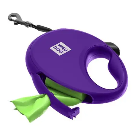 Поводок-рулетка для собак WAUDOG R-leash с контейнером для пакетов, светоотражающая лента, L, до 40 кг, 5 м, фиолетовый