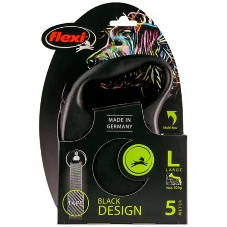 Повідець-рулетка Flexi Black Design L для собак до 50 кг, 5 м, стрічка, чорний з сріблом