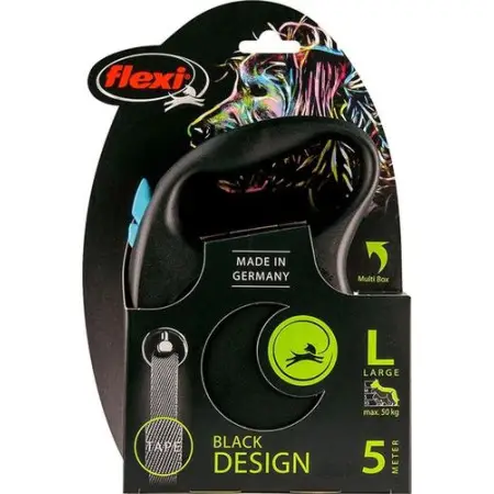 Повідець-рулетка Flexi Black Design L, стрічка 5 м, для собак до 50 кг, чорний з блакитним