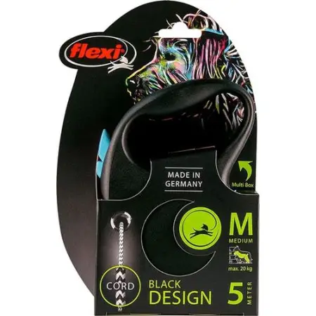 Повідець-рулетка Flexi Black Design M, для собак до 20 кг, трос 5 м, чорний з зеленим
