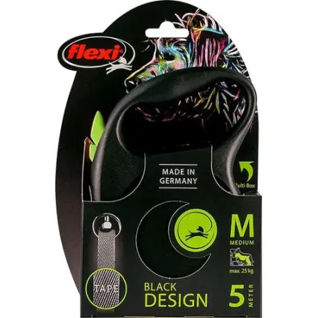 Повідець-рулетка Flexi Black Design M, стрічка 5 м, для собак до 25 кг, чорний з зеленим