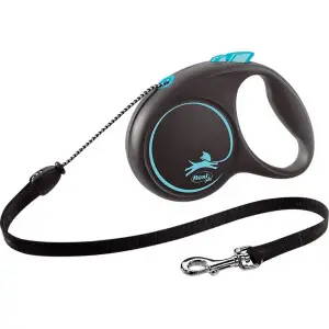 Повідець-рулетка Flexi Black Design M, для собак до 20 кг, трос 5 м, чорний з блакитним