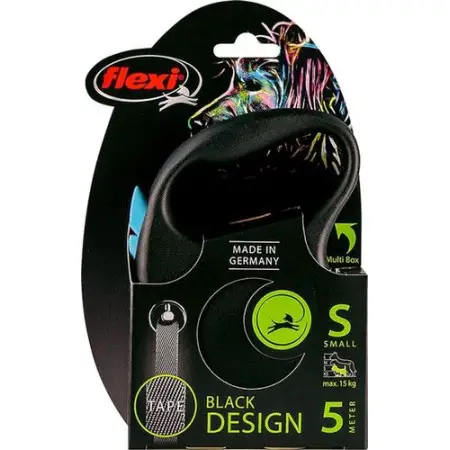 Повідець-рулетка Flexi Black Design S, стрічка 5 м, для собак до 15 кг, чорний із зеленим