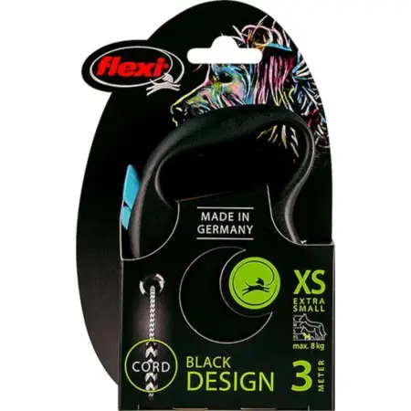 Повідець-рулетка Flexi Black Design XS, для собак до 8 кг, трос 3 м, чорний з блакитним