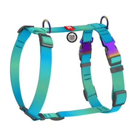 Шлея для собак анатомическая H-образная WAUDOG Nylon Recycled с QR-паспортом, градиент, S, Ш 15 мм, A 30-40, B 37-47 голубой