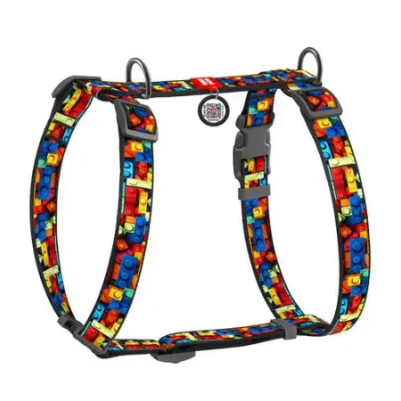 Шлея для собак анатомическая H-образная WAUDOG Nylon с QR-паспортом, рисунок "Блоки", пластиковый фастекс, S, Ш 15 мм, A 28-42 см, B 33-50 см