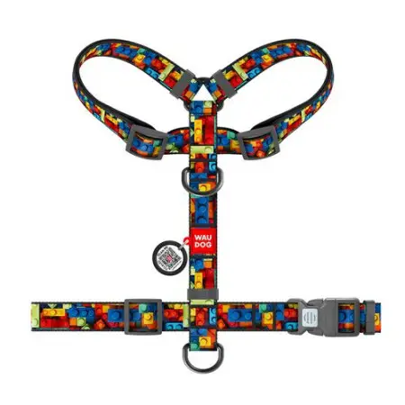 Шлея для собак анатомическая H-образная WAUDOG Nylon с QR-паспортом, рисунок "Блоки", пластиковый фастекс, S, Ш 15 мм, A 28-42 см, B 33-50 см