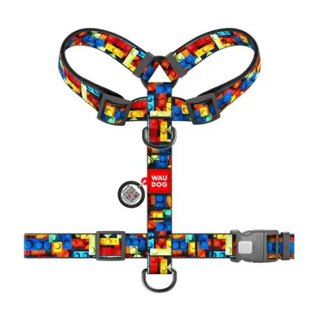 Шлея для собак анатомическая H-образная WAUDOG Nylon с QR-паспортом, рисунок "Блоки", пластиковый фастекс, XL, Ш 35 мм, А 56-95 см, В 68-110 см