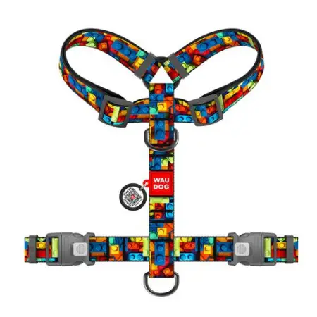 Шлея для собак анатомічна H-подібна WAUDOG Nylon з QR-паспортом, малюнок "Блоки", пластиковий фастекс, XL, Ш 35 мм, A 60-100 см, B 70-100 см