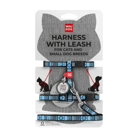 Шлея з повідцем WAUDOG Nylon з QR паспортом, малюнок "Етно синій", пластиковий фастекс, Ш 10 мм, В 25-40 см, С 20-30 см
