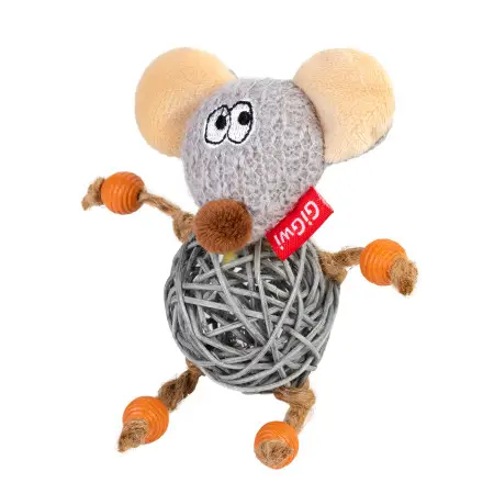 Игрушка для котов Мышка с колокольчиком GiGwi Catch&scratch, текстиль, веревка, ротанг, 8 см
