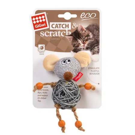 Игрушка для котов Мышка с колокольчиком GiGwi Catch&scratch, текстиль, веревка, ротанг, 8 см