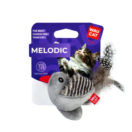 Іграшка для котів WAUCAT Fun Melodic Пташка зі звуковим чипом, штучне хутро, плюш, перо, 130 мм