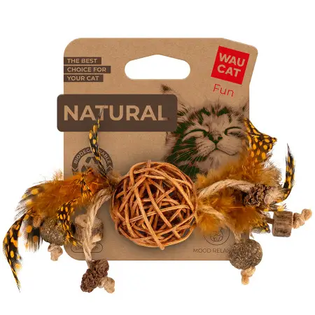 Игрушка для котов WAUCAT Fun Natural Плетеный мячик с колокольчиком и перьями, дерево, перо, кошачья мята, джутовая веревка, 20 см
