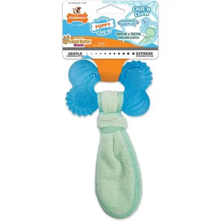 Nylabone Puppy Chew Freezer Bone with Washcloth НІЛАБОН ОХОЛОДЖУВАЛЬНА КІСТКА жувальна іграшка M, для цуценят до 11 кг, смак арахісової олії