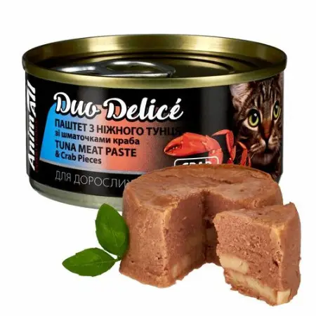 Влажный корм AnimAll для кошек. Duo Delice Паштет из тунца с кусочками краба, 80г