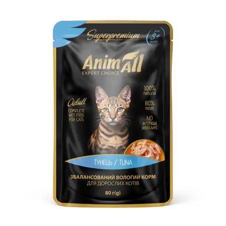 AnimAll вологий корм Пауч для котів Тунець, 80г