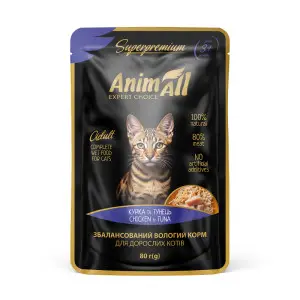 AnimAll вологий корм Пауч для котів Тунець з куркою, 80г