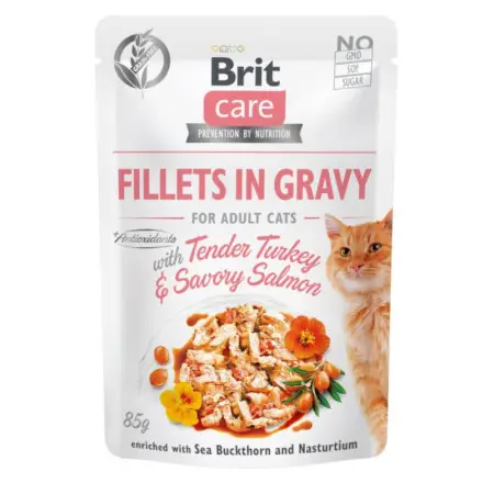Влажный корм Brit Care Cat Pouch для кошек, филе в соусе, нежная индейка и пикантный лосось, 85 г