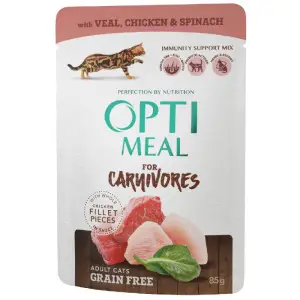 Беззерновой влажный корм для кошек Optimeal for carnivores, с телятиной, куриным филе и шпинатом в соусе 85 г