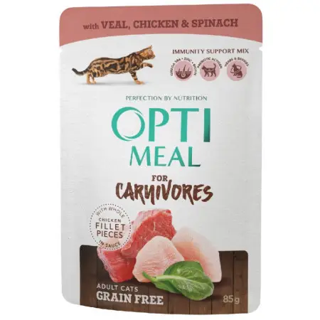 Беззерновий вологий корм для котів Optimeal for carnivores, з телятиною, курячим філе та шпинатом у соусі 85 г