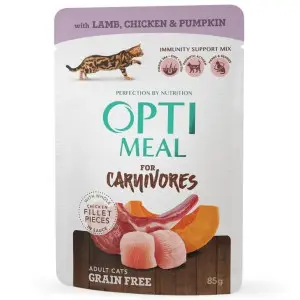 Беззерновой влажный корм для кошек Optimeal for carnivores, с ягненком и куриным филе в тыквенном желе 85 г