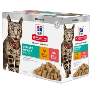 Hill's Science Plan Adult Perfect Weight Вологий корм для підтримання оптимальної ваги дорослих котів, з куркою та з лососем, пауч, 85г (6+6 шт)