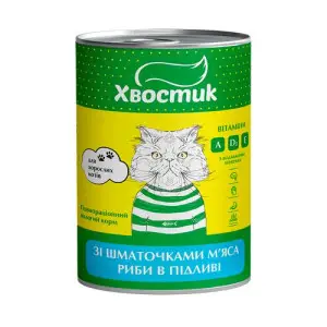 ХВОСТИК Повнораціонний вологий корм для дорослих котів зі шматочками м’яса риби в підливі 415 г
