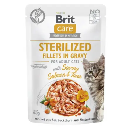 Корм влажный для стерилизованных кошек Brit Care Cat Sterilized филе в соусе с лососем и тунцом, пауч, 85 г
