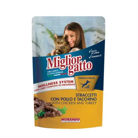 Migliorgatto Pouch полноценный влажный корм для взрослых кошек в виде полосок с курицей и индейкой, 100 г