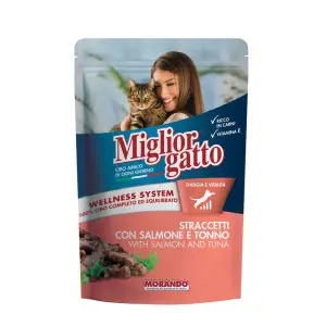 Migliorgatto Pouch повноцінний вологий корм для дорослих котів у вигляді смужок з лососем та тунцем, 100 г