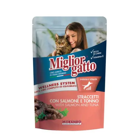 Migliorgatto Pouch полноценный влажный корм для взрослых кошек в виде полосок с лососем и тунцем, 100 г