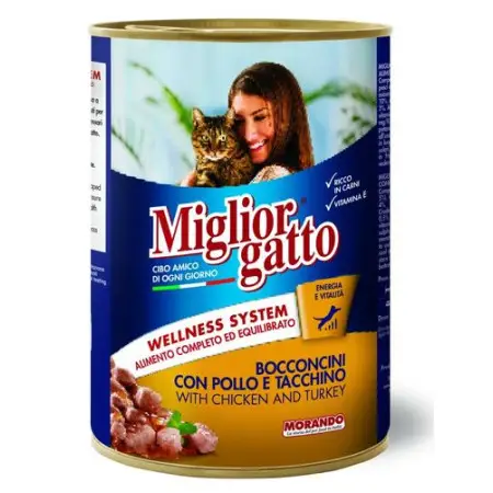 Migliorgatto полноценный влажный корм для взрослых кошек в виде кусочков с курицей и индейкой, 405 г