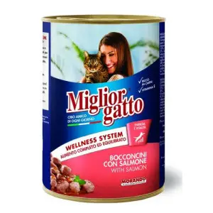 Migliorgatto повноцінний вологий корм для дорослих котів у вигляді шматочків з лососем, 405 г