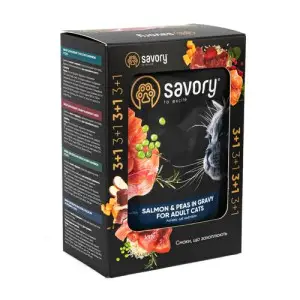 Набір паучів Savory Adult "3+1" для котів, лосось з горохом у соусі, 85 г