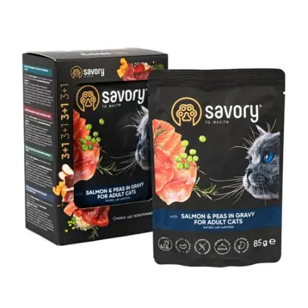 Набір паучів Savory Adult "3+1" для котів, лосось з горохом у соусі, 85 г