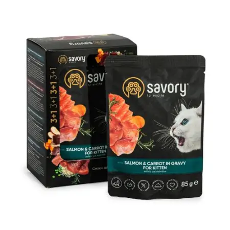 Набір паучів Savory Kitten, with Salmon and Carrot in Gravy "3+1" для кошенят, лосось із морквою у соусі, 85 г