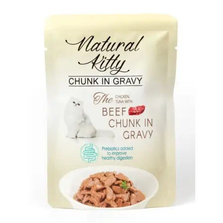 Natural Kitty Chunk in Gravy Chicken, Tuna with Beef Повноцінний вологий корм для котів у вигляді шматочків курки та тунця з яловичою печінкою у соусі, 85 г