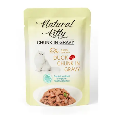 Natural Kitty Chunk in Gravy Chicken, Tuna with Duck Полноценный влажный корм для кошек в виде кусочков курицы и тунца с уткой и печенью, 85 г