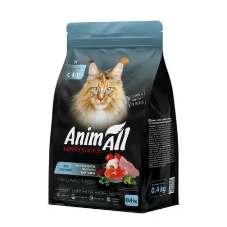 Сухий корм AnimAll для дорослих котів з лососем, білою рибою та свіжою індичкою 400 г