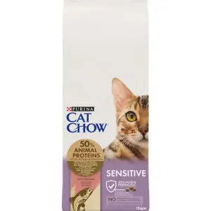 Сухий корм Cat Chow Sensitive для дорослих котів, із чутливою шкірою та травленням, з лососем, 15 кг