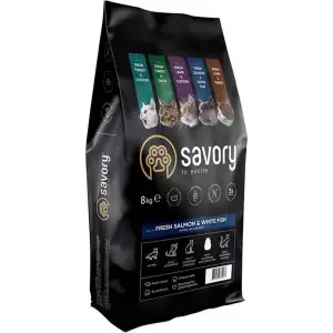 Сухий корм Savory для довгошерстих котів, зі свіжим лососем і білою рибою, 8 кг