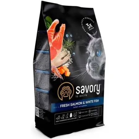 Сухой корм Savory для длинношерстных кошек, со свежим лососем и белой рыбой, 2 кг